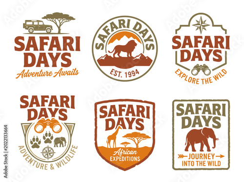 Safari Days typography logo collection, vintage adventure badge with binocular and track, khaki vector on white background