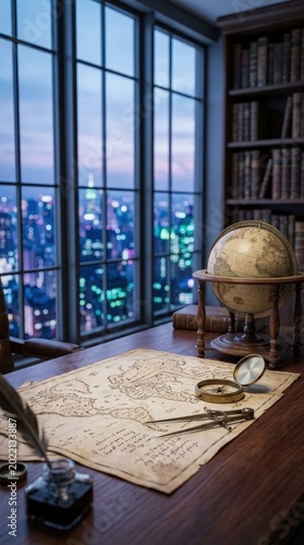 Vintage map globe and quill on desk with city skyline view