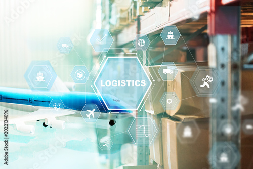 Foto Logistics operations with cargo and aircraft in a warehouse setting
