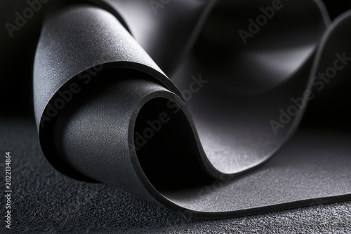 Textured black foam curves resting in a macro sharp focus studio shot with dramatic lighting for industrial product design and manufacturing marketing