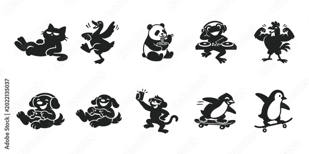 Obraz premium Funny Animal Silhouette Vector Set Collection Cartoon Mascot Bundle