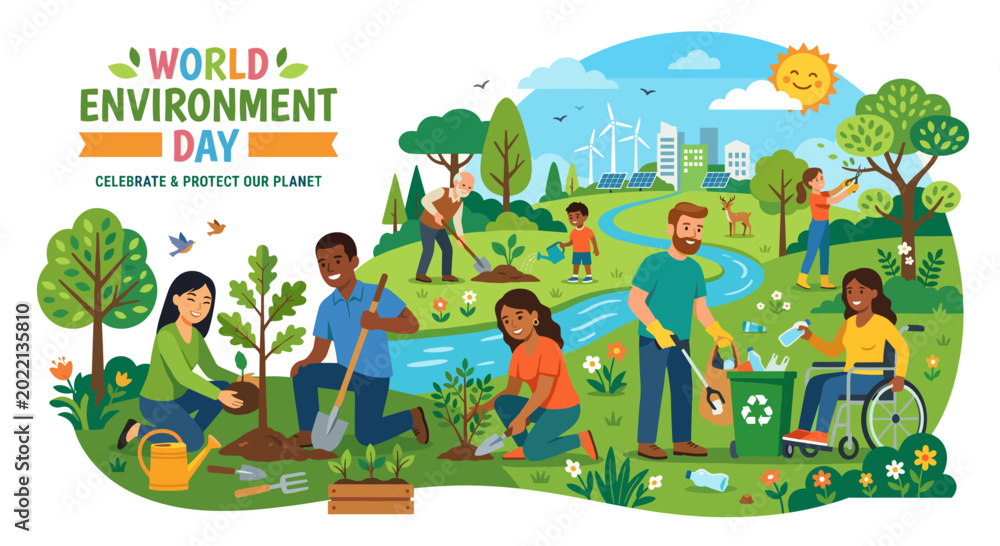 Fototapeta premium planting trees, environment care, sustainability, eco lifestyle, community activity, green earth, climate action, nature protection, teamwork, environmental awareness, save planet, people illustration