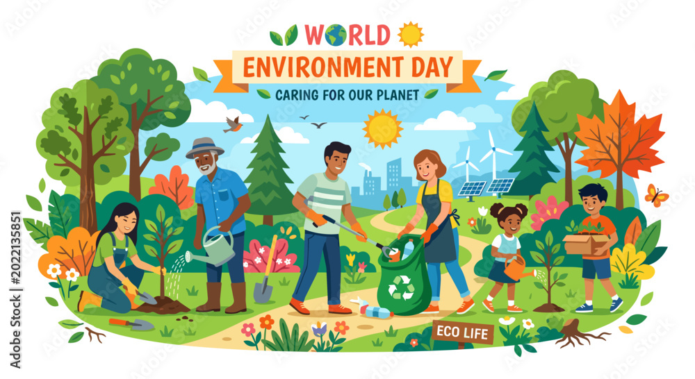 Fototapeta premium planting trees, environment care, sustainability, eco lifestyle, community activity, green earth, climate action, nature protection, teamwork, environmental awareness, save planet, people illustration