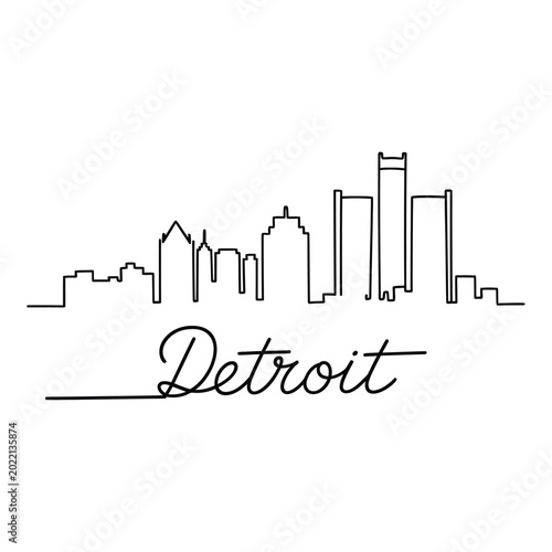 detroit skyline line art with handwritten text