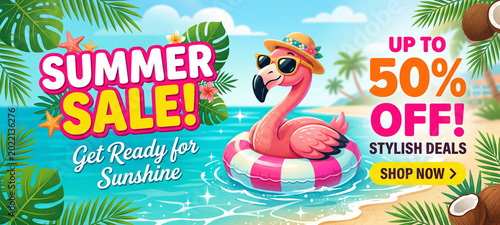 Big Summer Sale With Flamingo and Beach Setting for Shoppers Looking for Deal...