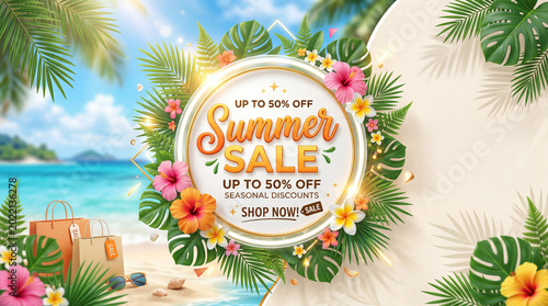 Summer Sale Offers Large Discounts on Beach Items in Sunny Tropical Setting