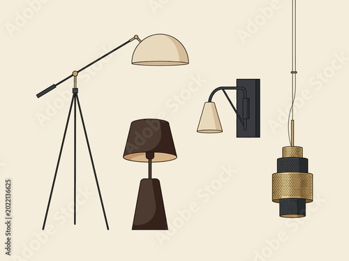 Fotografie Modern Interior Lighting Set: Minimalist Floor Lamp, Table Lamp, Wall Sconce, an