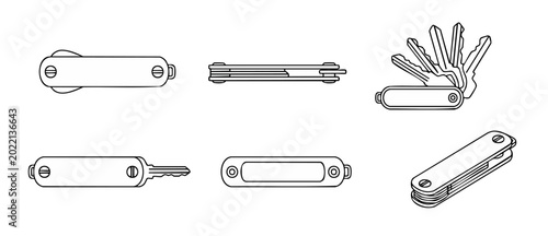 Compact Key Organizer Tool Set, Modern Key Holder Icons for Home Access and EDC Keychain Storage, Minimalist Outline Vector Illustration for Security Systems, Logistics, Real Estate and Property Manag