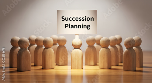 A conceptual business stock image featuring a white sign labeled ‘Succession Planning’ standing among arranged wooden human figurines in a strategic formation.