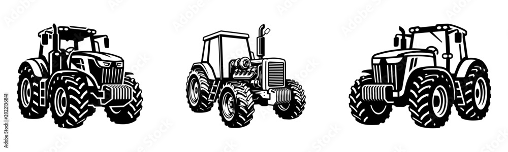 Obraz premium Agricultural Equipment Silhouette Set, Industrial Tractor Branding Elements