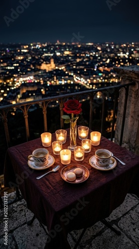 Romantic candlelit table with rose and city night view