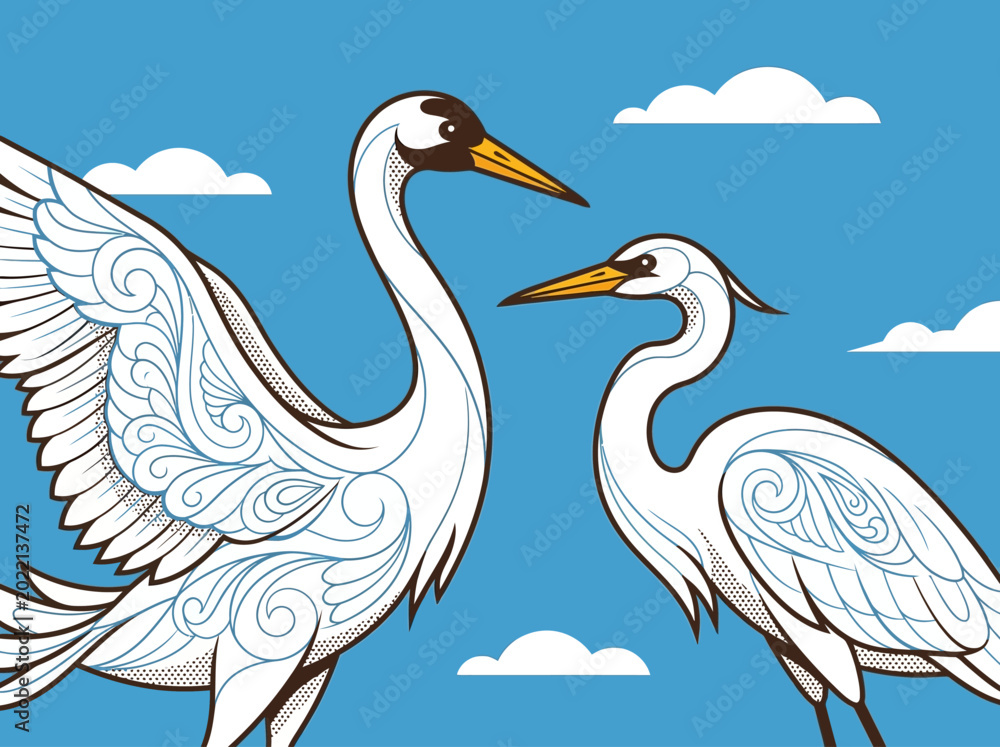Fototapeta premium Stylized Illustration of Two White Herons with Intricate Swirl Patterns Against a Blue Sky - Elegant Graphic Bird Art