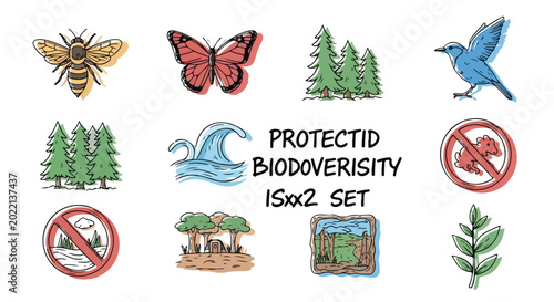 Bild auf Leinwand Biodiversity protection vector icon set, environmental conservation symbols, nat