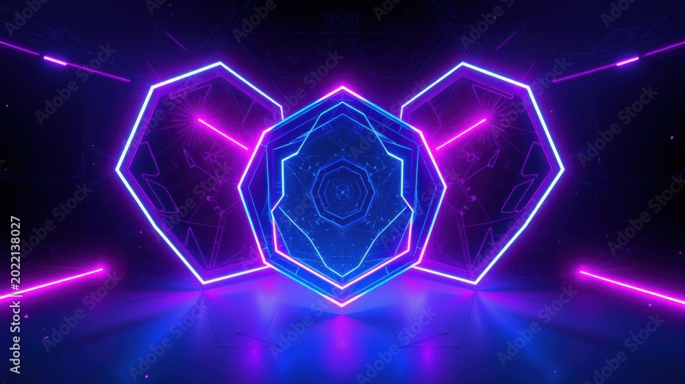 Fototapeta premium Neon lights form abstract geometric shapes. Dark background emphasizes vibrant blue, purple glow. Futuristic design creates immersive visual experience.