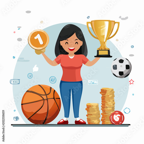 Woman Holding Trophy and Coin with Sports and Money Elements