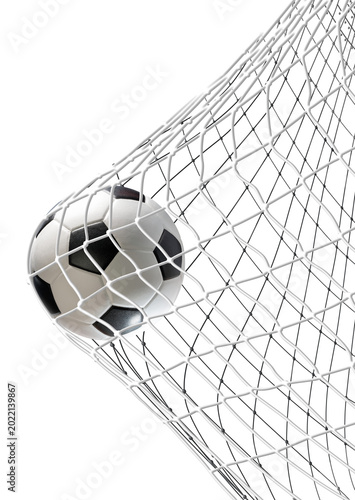 Football ball or Soccer ball hit the net png file, Soccer ball hitting the back of the net in a goal. Concept of scoring, success, victory.
