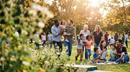 Diverse family enjoying a sunny picnic in a park with blooming flowers