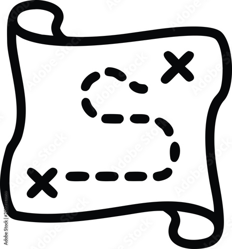 Hand drawn treasure map with dotted line and crosses on white background x marks the spot path
