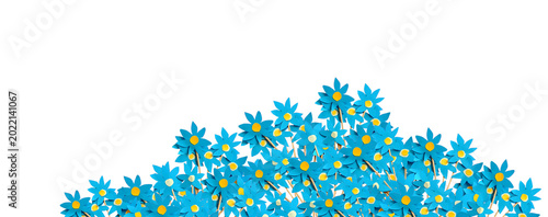 Liverleaf plant banner, paper flowers isolated on white. Paper flowers, cut, on a stick. Flower composition, floral patterns, spring flowering wallpaper Blue, yellow, white. PNG