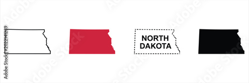 Four variations of north dakota state map outlines and silhouettes
