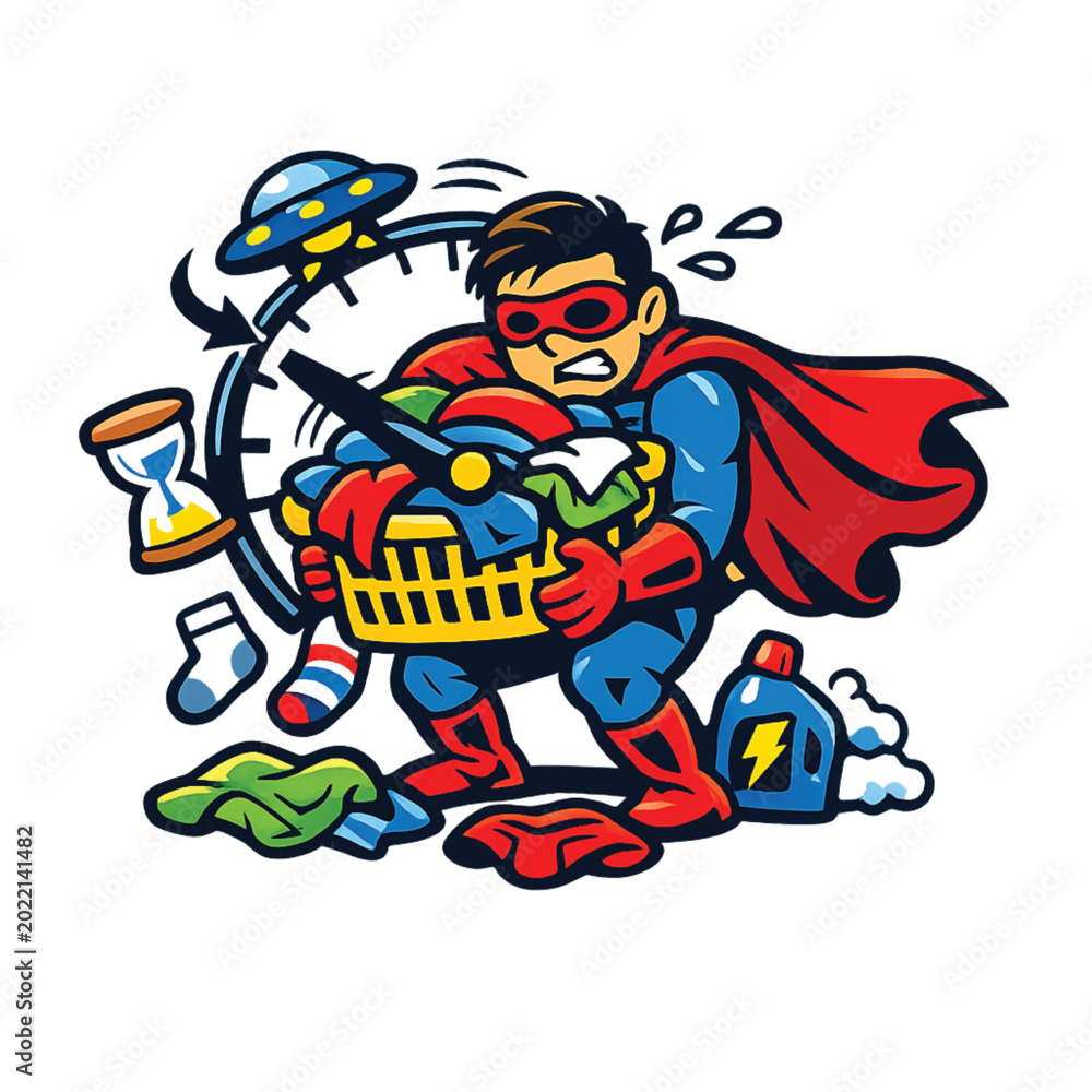 Obraz premium Superhero doing laundry chores in a hurry Vector