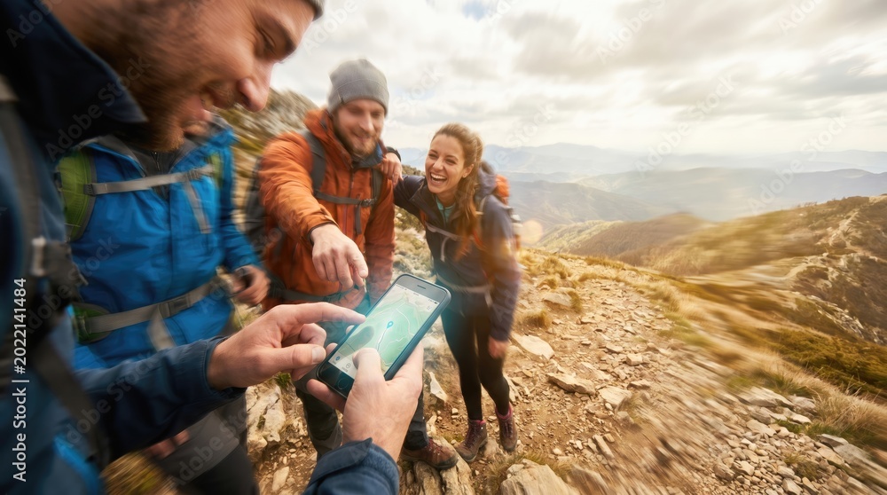 Fototapeta premium Hikers on a mountain trail using a smartphone with a map