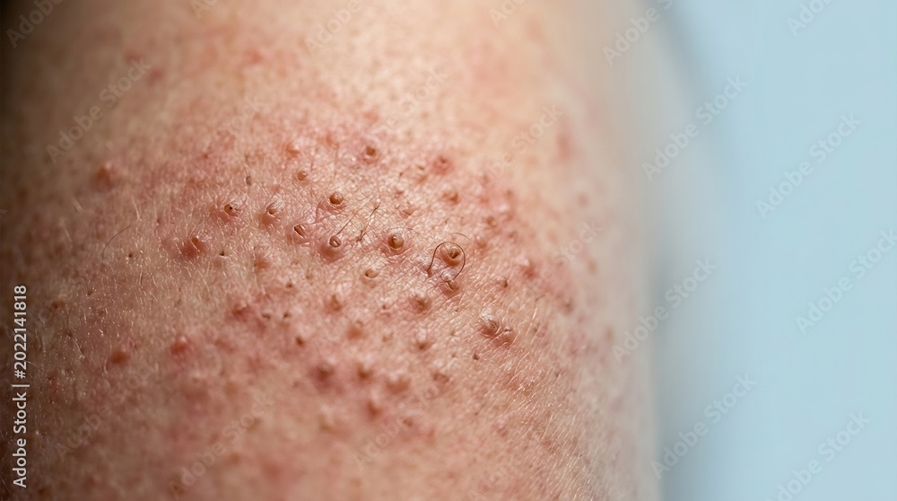 Fototapeta premium Close-up of human skin with small red bumps and rough texture, dermatological condition detail