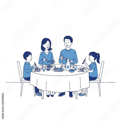 Foto Family eating together at dinner table.