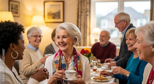 Seniors enjoy a lively tea party, laughing and conversing