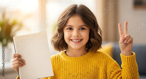 Smiling girl holds tablet, flashes peace sign, bright day