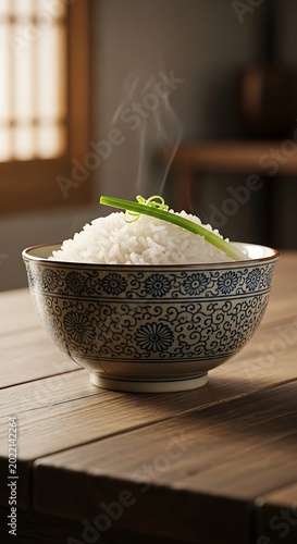 Steaming bowl of white rice with green garnish