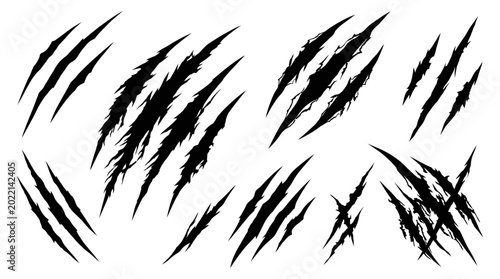 Sharp black animal claw marks and monster scratches in various patterns on a clean white background, symbolizing aggression, danger and impactful design elements, expressing ferocity or damage effects