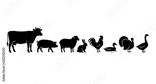 Photos Side view farm animal silhouette collection with cow pig sheep rabbit and poultr