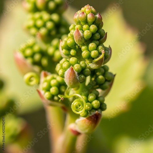Tiny green grape buds emerging with curly tendrils