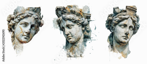 Tablou pe pânză Collection of three watercolor rendered marble head busts, depicting ancient god