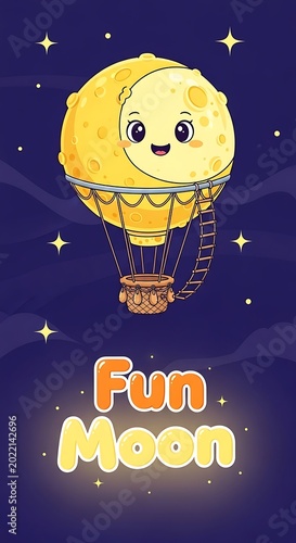 Whimsical moon in hot air balloon against starry night sky
