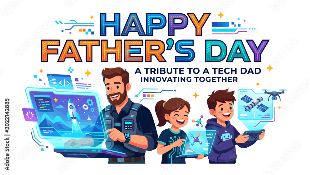Naklejka premium Happy Father's Day: A Heartfelt Tribute to a Tech-Savvy Dad: This image is a vibrant celebration of Father's Day. Featuring a tech-inclined dad alongside his children.