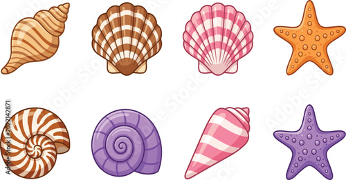 Quadro su tela Colorful Cartoon Sea Shell and Starfish Collection Featuring Spiral Nautilus Con