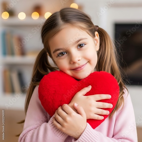 Young girl holds a plush red heart, smiling sweetly