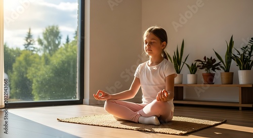 Young girl meditating indoors bathed in warm sunlight