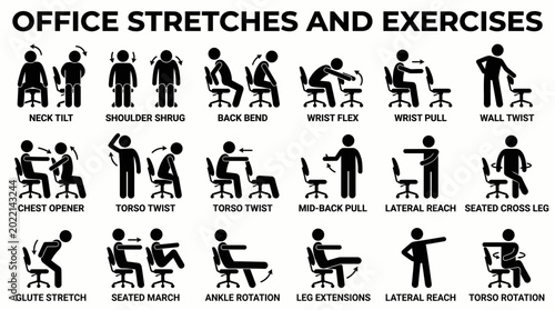 Detailed infographic of stick figure pictograms illustrating 18 office stretches and exercises, illustrating ergonomic wellness programs and promoting workplace health and productivity