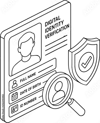 Digital identity verification concept with personal ID card, magnifying glass and security shield, isometric line art illustration for user authentication, data privacy and KYC process