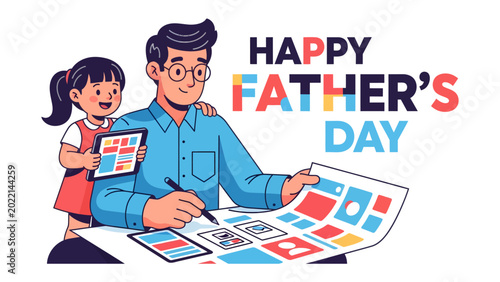 Photos Happy Father's Day: A heart-warming illustration of a father and daughter celebrating Father's Day, with the father engrossed in creative work and the daughter happily observing him