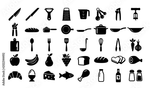 Tableau sur toile Kitchen utensils and food vector icon set with cooking tools pots pans knives fr