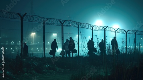 Dramatic night shot of migrants at a wire fence looking at distant city lights. Concept of the divide between poverty and opportunity, illegal crossing, and search for safety.