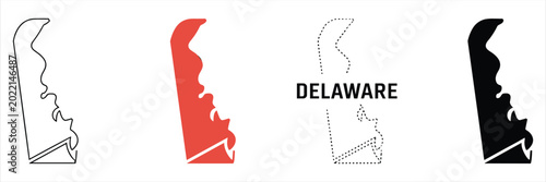 Four variations of the delaware state map outline, including solid, dotted, and line styles