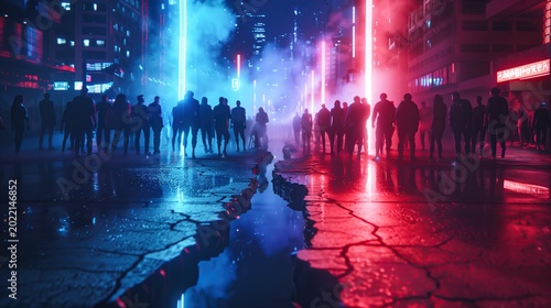 Atmospheric shot of human figures in a futuristic city split by a glowing fault line. Concept of virtual reality, cyber threats, and the fragmentation of digital society.