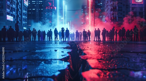 Two groups of silhouettes stand on opposite sides of a split road with blue and red neon lights. Concept of social divide, polarization, and futuristic conflict.