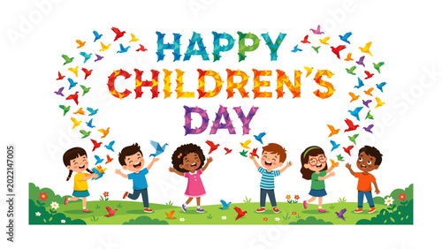 Foto Celebrating Children's Day: A vibrant illustration depicts a joyful scene where children revel in happiness, surrounded by cheerful elements