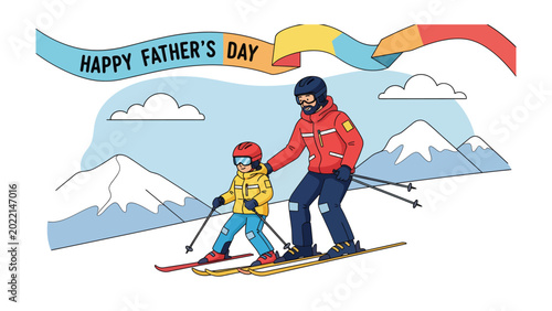 Photos Father's Day Skiing Adventure: A heartwarming illustration of a father guiding his son as they ski down a snowy mountain, a banner above proclaiming Happy Father's Day